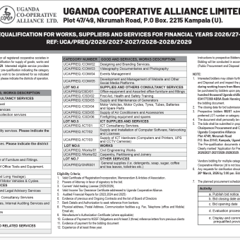 INVITATION FOR PREQUALIFICATION FOR WORKS, SUPPLIERS AND SERVICES FOR FINANCIAL YEARS 2026/27-2027/28-2028/29 REF: UCA/PREQ/2026/2027-2027/2028-2028/2029